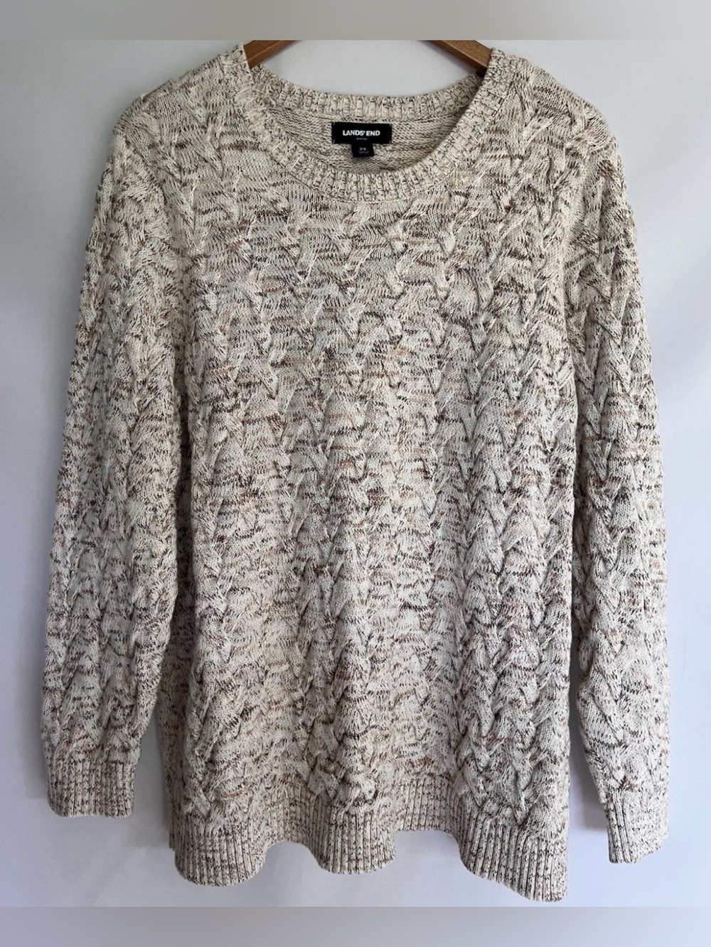 Lands' End Women’s 2X Plus Cable-Knit Marled Fisherman Sweater Beige Brown Plus